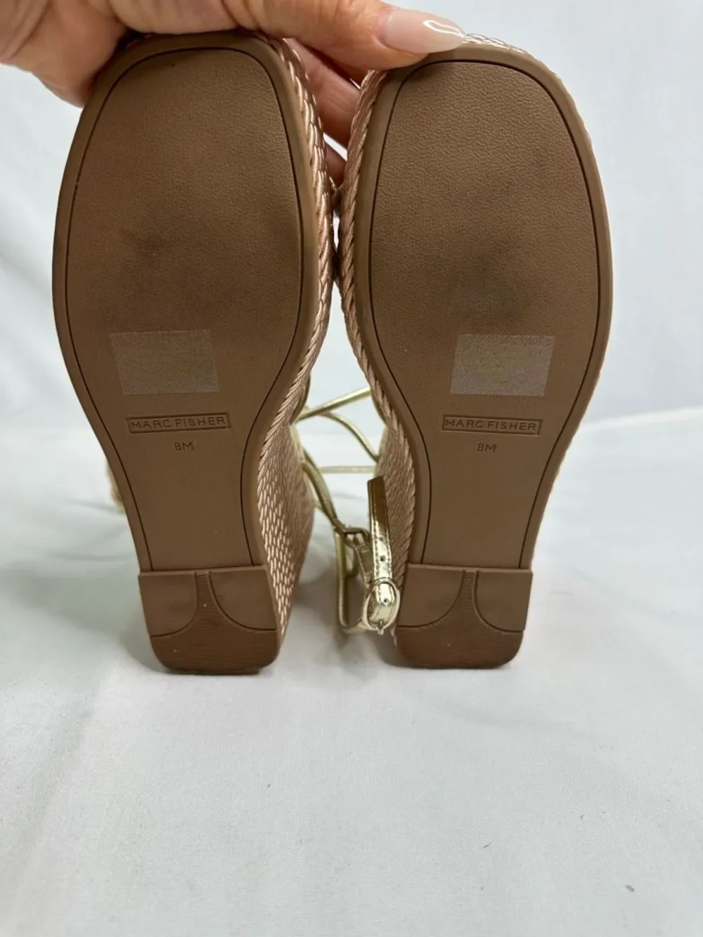 Marc Fisher Gold Metallic Strappy Wedge Sandals with Knot Detail